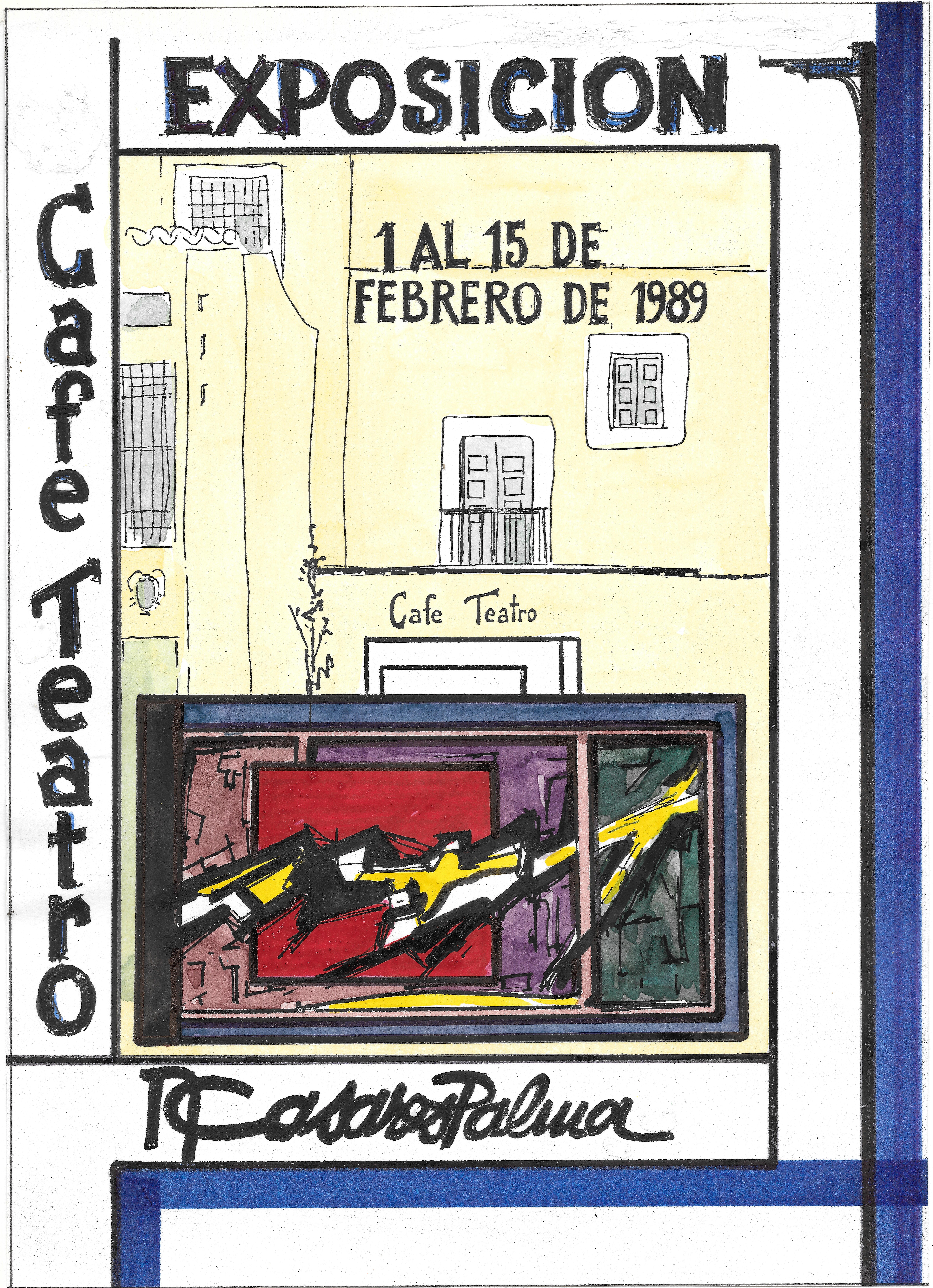 Cartel original de la primera exposición de A. Casares Palma en Málaga — Café Teatro, febrero de 1989