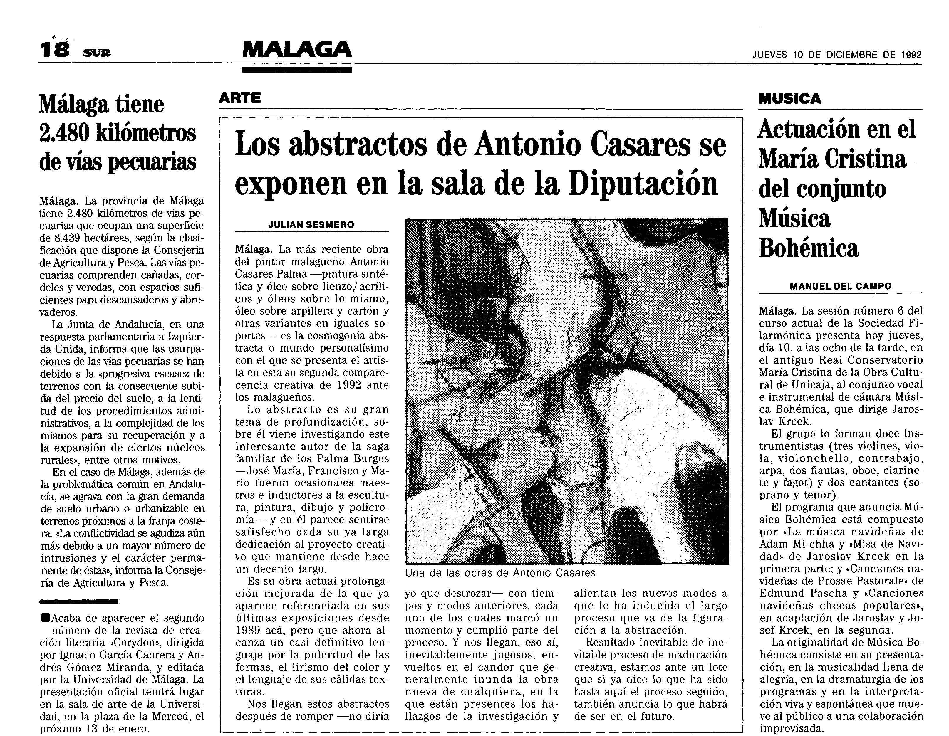 Recorte del diario SUR, jueves 10 de diciembre de 1992 — artículo sobre Antonio Casares Palma en la Sala de la Diputación