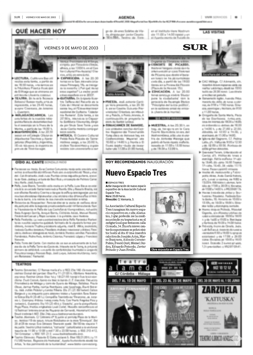 Recorte de prensa, viernes 9 de mayo de 2003 — inauguración del nuevo local de la Asociación Cultural Espacio Tres