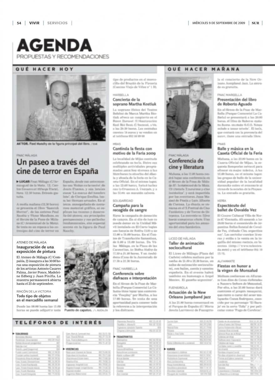 Recorte del diario SUR, miércoles 9 de septiembre de 2009 — reseña sobre la exposición en el Ateneo de Málaga