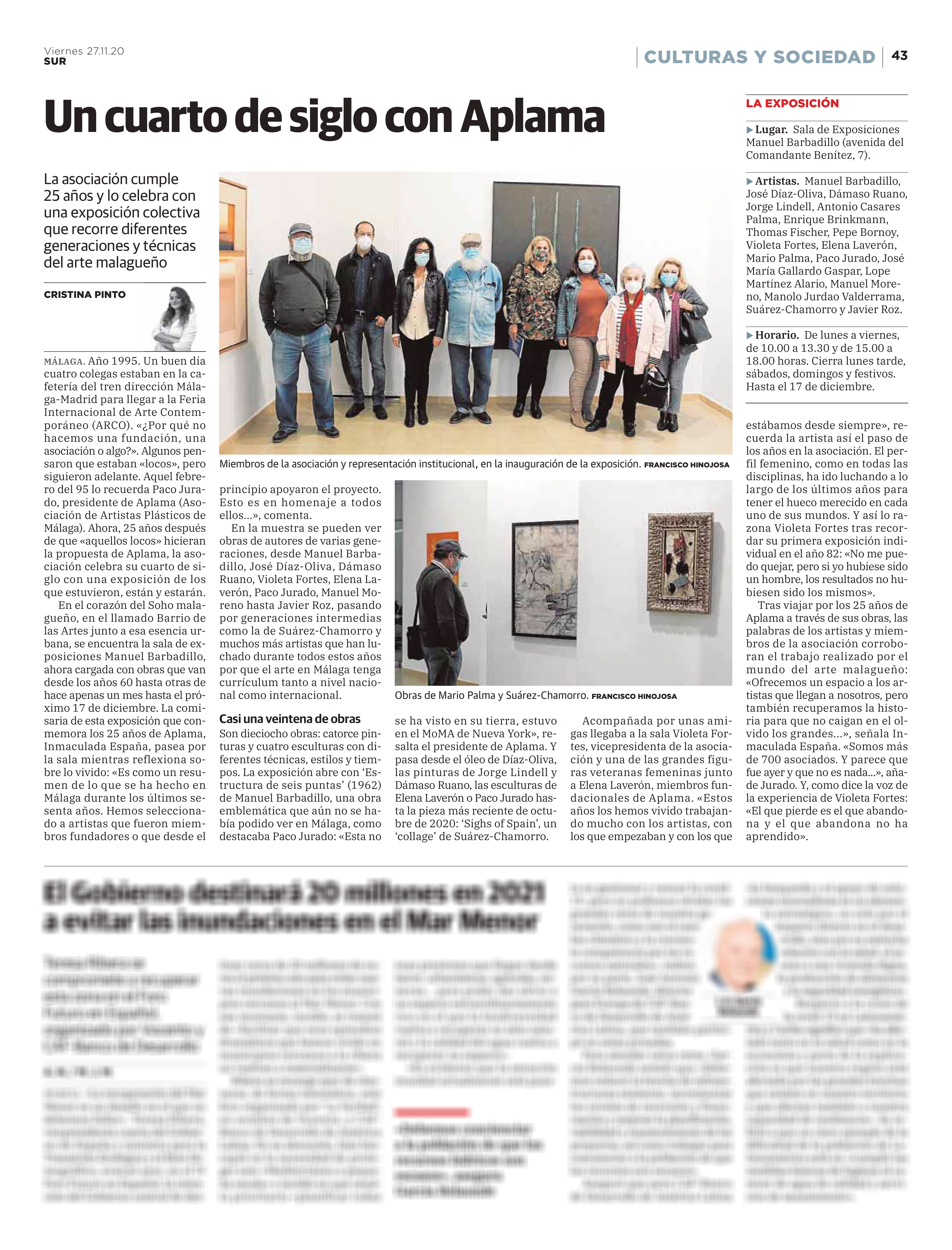 Recorte de prensa, viernes 27 de noviembre de 2020 — artículo sobre el 25 aniversario de APLAMA en la Sala Manuel Barbadillo